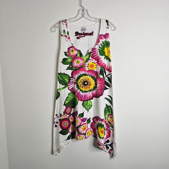 Desigual White Floral Sleeveless Asymmetrical Top Size XL - Picture 3 of 9